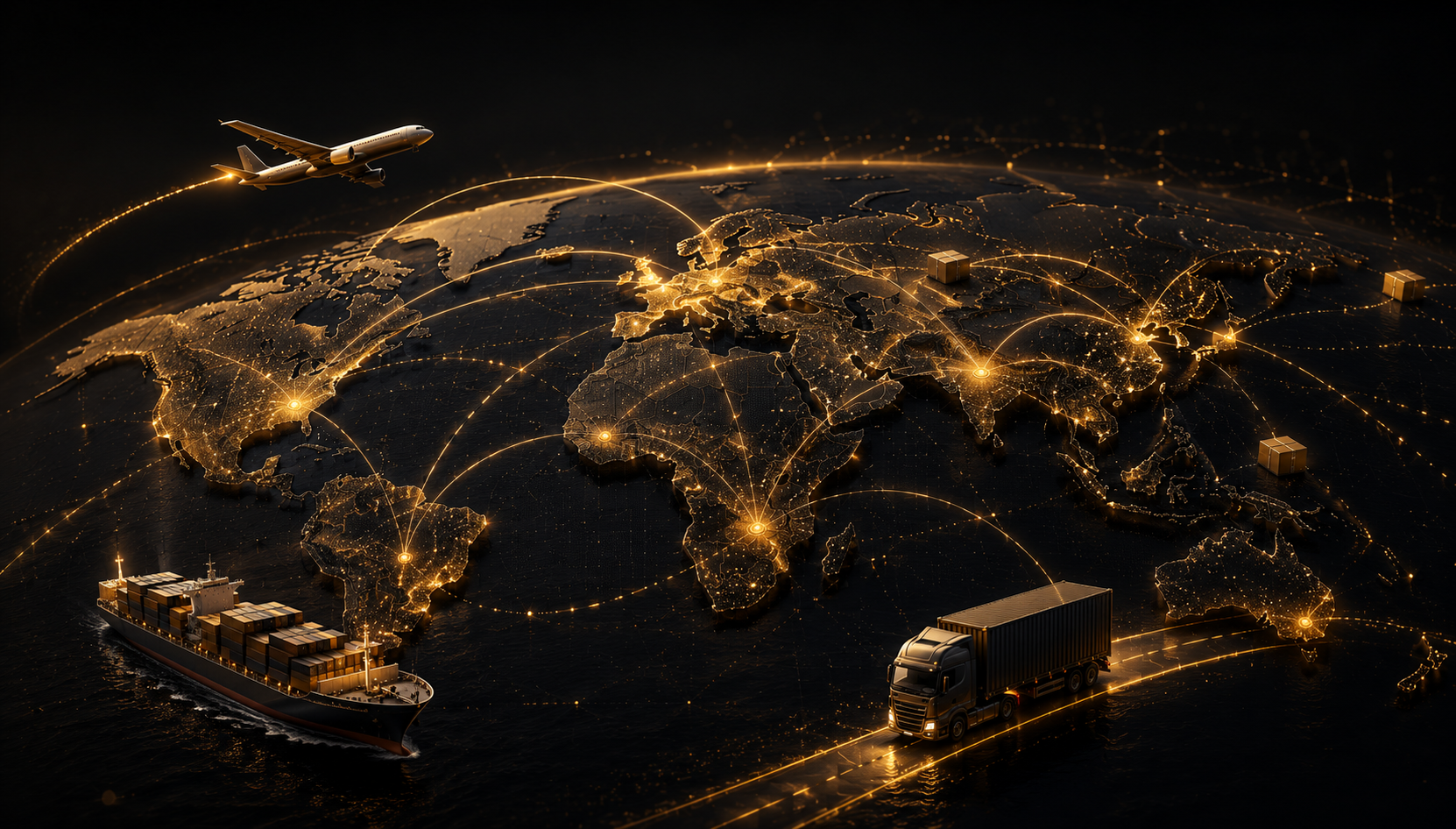 Global freight network map — air, sea, and road export routes across continents